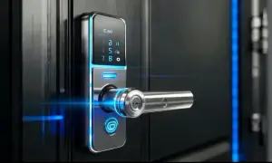 Nowoczesny smart lock na drzwiach, z podświetlaną klawiaturą i uchwytem. To przyszłość bezpieczeństwa, czyli smart lock co to jest.
