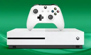 Biały kontroler Xbox i konsola Xbox One na zielonym tle.