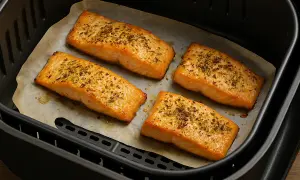 Quattro filetti di salmone dorati e conditi, pronti per essere gustati, cotti alla perfezione nella friggitrice ad aria.