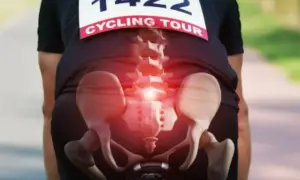 Ciclista con evidenziato il bacino e la colonna vertebrale, suggerendo dolore alle ossa ischiatiche durante il tour.