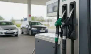 Dwa dystrybutory paliwa: jeden z zieloną końcówką (prawdopodobnie diesel), drugi z czarną (benzyna). W tle samochody na stacji.