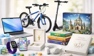 Różnorodne prezenty komunijne: rower, hulajnoga, laptop, smartfon, zegarek, biżuteria, gry, słuchawki, pamiątka.