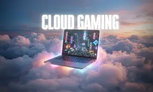 Laptop unoszący się na chmurach, wyświetlający neonowe miasto. Idealny do grania w gry na **GeForce Now Linux**.