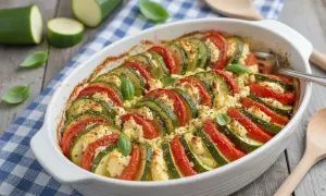 Un plat gratiné de courgettes et tomates, parsemé de fromage et d'herbes. Une recette facile et savoureuse pour l'été.