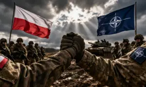 Żołnierze ściskają sobie dłonie pod flagami Polski i NATO. To symbol jedności i siły sojuszu, który pokazuje, co to jest NATO.