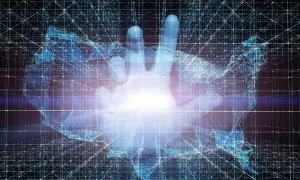 Eine leuchtende Hand durchbricht ein digitales Netz, das die USA formt. Das Gegenteil von Technokratie: Menschliche Berührung im Datenstrom.