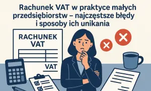 Zmartwiona osoba przy biurku z dokumentami VAT, kalkulatorem i kubkiem kawy. Temat: błędy w rachunkach VAT i jak ich unikać, w tym kwestia split payment.