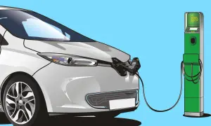 Un'auto elettrica bianca è collegata a una colonnina di ricarica verde. Illustrazione che mostra come funzionano le colonnine di ricarica.