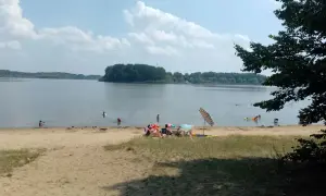 Słoneczny dzień nad jeziorem przeczyckim. Ludzie odpoczywają na plaży i kąpią się w wodzie.