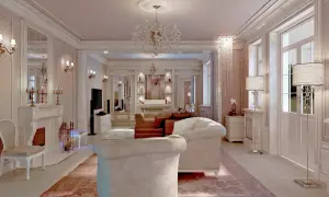 Elegancki salon w stylu mieszkania glamour, z kryształowym żyrandolem, kominkiem i wygodnymi sofami.
