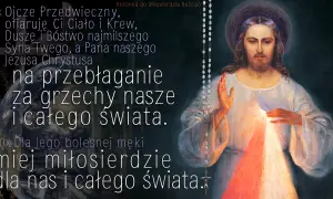 Szósty dzień nowenny do miłosierdzia bożego: modlitwa o przebłaganie za grzechy świata. Obraz Jezusa Miłosiernego z koralami.