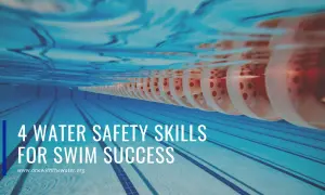 Underwater view of a swimming pool with lane lines and buoys. Text reads "4 WATER SAFETY SKILLS FOR SWIM SUCCESS." Learn to safe t swim.