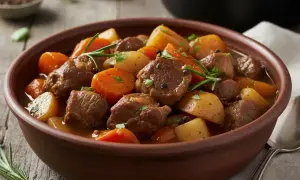 Un réconfortant ragoût d'agneau façon grand-mère, mijoté avec des carottes et des pommes de terre, garni de romarin frais.