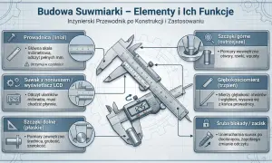 Ilustracja pokazuje budowę suwmiarki, wyjaśniając jak mierzyć różne wymiary. Opisuje prowadnicę, suwak z wyświetlaczem LCD, szczęki górne i dolne, głębokościomierz i śrubę blokady.