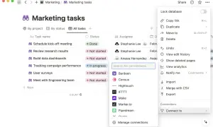 Interface Notion avec une liste de tâches marketing. Un menu contextuel affiche des options comme "Connect to" pour gérer les connexions, suggérant l'utilisation de la notion api.