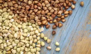 Zielona i brązowa kasza gryczana na niebieskim tle. Czy kasza gryczana ma gluten? Nie, jest bezglutenowa!