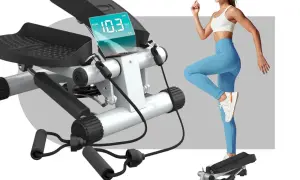 Frau trainiert auf einem Stepper. Der digitale Bildschirm zeigt 10.3. Ein Stepper-Test für ein effektives Workout.