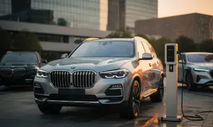 Un elegante BMW X5 2026, argento metallizzato, si ricarica accanto a un'altra BMW.