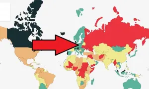 Mapa świata z zaznaczonymi krajami. Czerwony obszar wskazuje na najniebezpieczniejsze kraje świata.