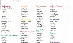 Ręcznie pisana lista motywów literackich z podziałem na utwory.