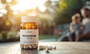 Butelka kapsułek POTASSIUM 100 mg. Czy cytrynian potasu jest szkodliwy? W tle ojciec z dzieckiem.