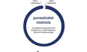 Grafika pokazuje cykl całodobowy od poniedziałku do niedzieli, symbolizujący taryfę weekendową PGE.
