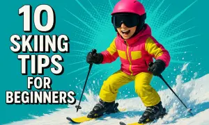 Dziecko w różowym kasku i goglach uczy się, jak jeździć na nartach. Na ekranie widnieje napis "10 Skiing Tips for Beginners".