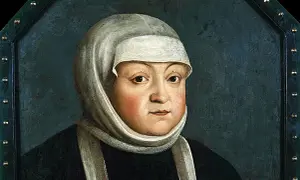 Portret królowej Bony w białym czepcu i czarnej sukni.