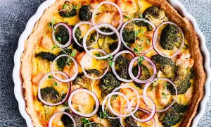 En gyllene paj med kyckling, broccoli och rödlök. Ett perfekt paj recept för middagen.