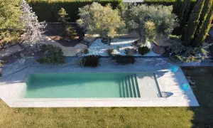 Piscina moderna de obra con escaleras integradas, rodeada de jardín con olivos y cipreses. Un ejemplo de los diversos tipos de piscinas de obra.