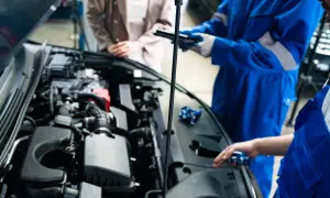 Mekanikerna diskuterar hur ofta ska man serva bilen medan motorhuven är öppen.