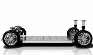 Plataforma de coche eléctrico con ruedas y suspensión. La batería es el componente central. ¿Cuánto pesa una batería de coche?