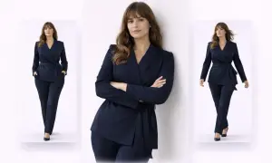 Elegancki granatowy garnitur damski z wiązaniem w talii. Stylowe propozycje dla nowoczesnej kobiety.