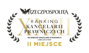Grafika z godłem Polski, wieńcem laurowym i napisem "Ranking Kancelarii Prawniczych II Miejsce".