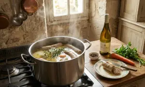 Une andouillette rotie, prête à être dégustée, mijote dans une cocotte avec des aromates. Une bouteille de vin blanc et des légumes complètent la scène.