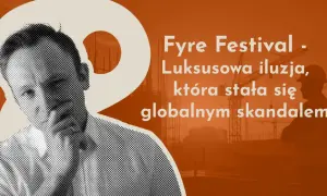 Fyre Festival - luksusowa iluzja, która stała się globalnym skandalem. Czarno-biały portret mężczyzny na tle budowy i żurawi.