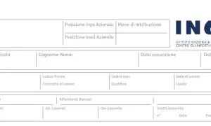 Modello di busta paga con campi per dati aziendali, anagrafici e retributivi, con logo INAIL.