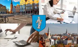 Kolaż: Rynek w Rzeszowie, herb miasta, kobiety pracujące z kalkulatorem i laptopem, panorama miasta.
