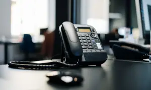 Czarny telefon biurowy na biurku. Słychać dzwonek, jakby numer zablokowany dzwonił, ale nikt nie odbiera.