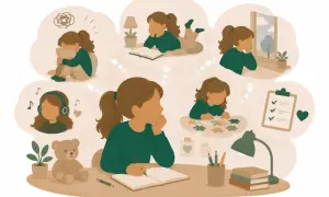 En flicka med adhd upplever olika tankar och känslor: oro, musik, läsning, pussel, en checklista och att titta ut genom fönstret.
