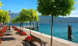 Viste incantevoli per le passeggiate a Gargnano, con alberi verdi, fiori rossi e il lago scintillante.