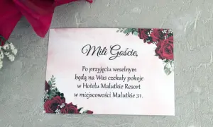 Informacja o noclegu dla gości weselnych: "Mili Goście, po przyjęciu weselnym będą na Was czekały pokoje w Hotelu Malutkie Resort w miejscowości Malutkie 31.