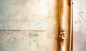 Rdzawe, pęknięte rury w ścianie. Taka awaria to problem, ale ubezpieczenie może pomóc.