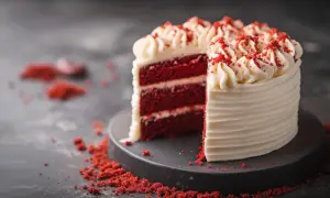 Una fetta di torta red velvet, con strati di pan di spagna rosso intenso e crema bianca, decorata con briciole rosse.