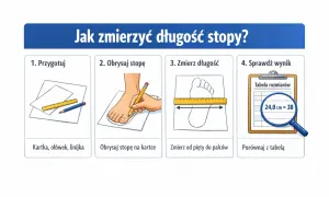 Ilustracja przedstawia 4 kroki mierzenia długości stopy: przygotowanie, obrys, pomiar i sprawdzenie wyniku w tabeli rozmiarów.