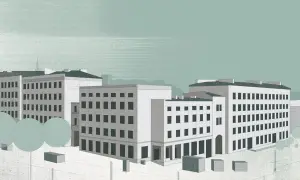 Stylizowana wizualizacja nowoczesnej gdansk architecture: szereg białych budynków z ciemnymi oknami, drzewa i niebo.