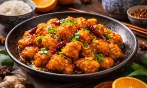 En skål med krispig, glaserad **orange chicken** med chili och salladslök. Ris och apelsinskivor i bakgrunden.
