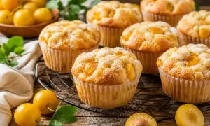 Saftige mirabellen muffins, bestäubt mit Puderzucker, auf einem Gitter. Frische Mirabellen liegen daneben.