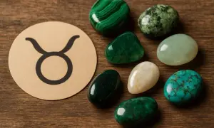 Symbol znaku zodiaku Byk obok kolekcji zielonych i turkusowych kamieni. Idealny kamień dla byka, który ceni sobie stabilność i piękno natury.