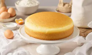 Un gâteau moelleux sur un présentoir blanc, entouré d'ingrédients pour une recette de gâteau : œufs, sucre, farine.